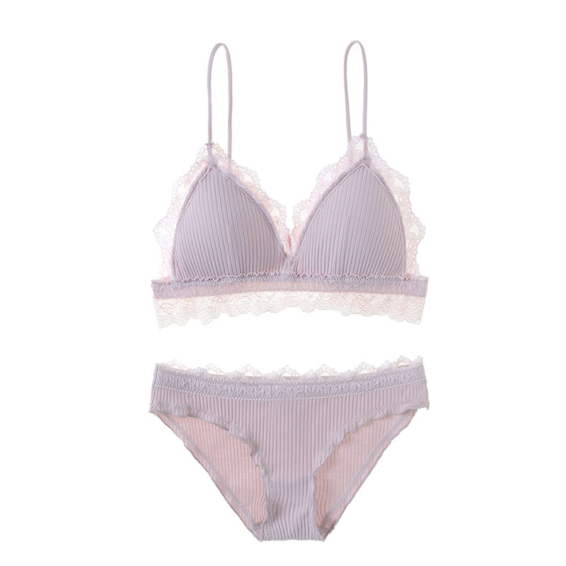 bralette Pháp mỏng girlling không vòng thép ren thiết lập ngực nhỏ giao phẳng sexy đồ lót