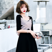 Black evening dress women 2020 new banquet sleeves noble temperament French fairy dress socialite medium-long section