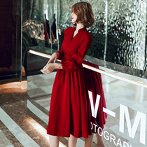 Toast dress bride 2021 new wine red can usually wear French V-neck engagement dress skirt female little man