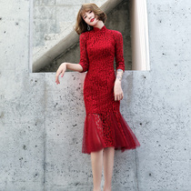 Toast dress bride 2021 summer red modified cheongsam long sleeve wedding Chinese style dress female fish tail medium long section