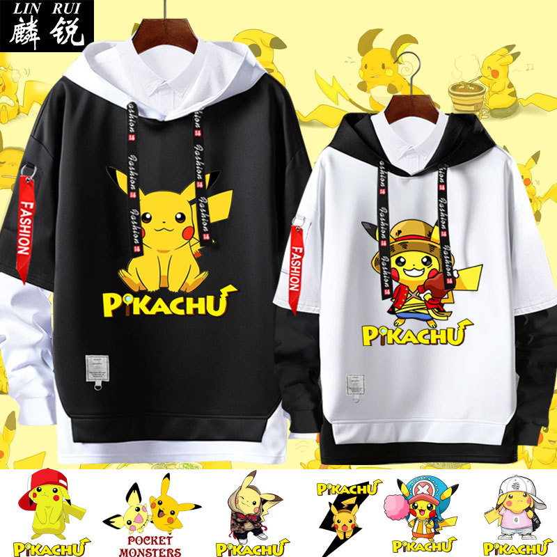 Detective Pikachu Pokémon Collaboration Fake Two-Piece Hooded Sweatshirt for Men and Women Student Jacket Hoodie