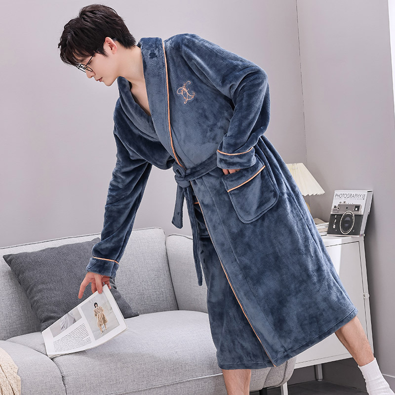 Autumn and Winter Flannel Men's Nightgown, Fleece-Lined and Thickened, Coral Velvet Bathrobe, Large Size Long Pajamas, Home Wear, Bathrobe