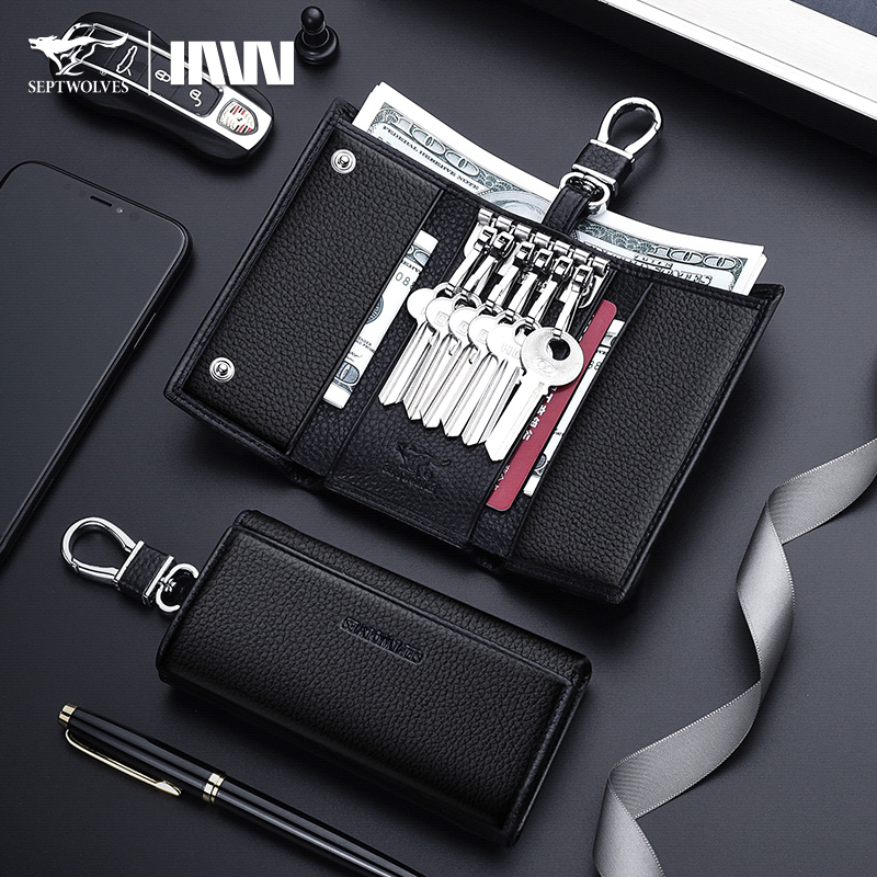 Septwolves Key Case for Men, Genuine Leather Car Key Holder, Storage Cover, Cowhide Card Holder, Two-In-One Multifunctional Waist Hanging