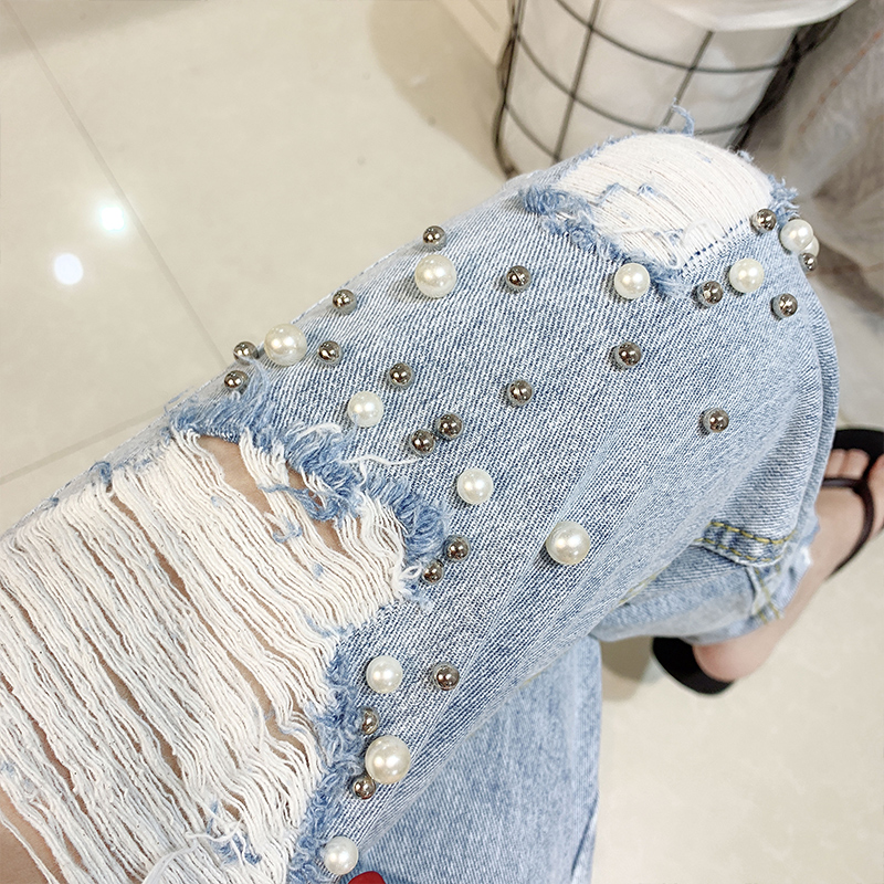 Nail Beads High Waist Breaking Hole 90% Straight Barrel Jeans Female Tide Looser Slim 2022 New Summer Light Color Beggar Pants