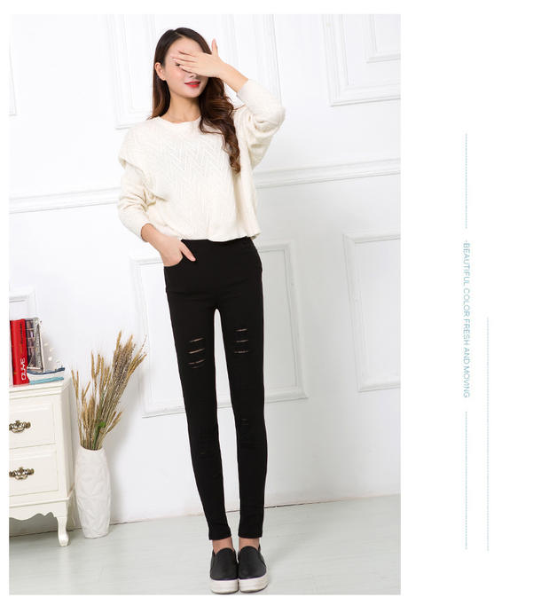 破洞仿牛仔裤女士高腰打底裤外穿夏大码黑色铅