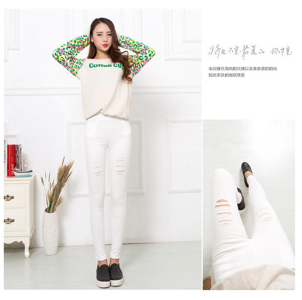 破洞仿牛仔裤女士高腰打底裤外穿夏大码黑色铅