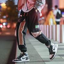 (Special) Spring and Autumn Tide brand overalls mens loose stitching stripes multi-pocket Japanese ties casual trousers