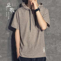 Hooded short sleeve T-shirt mens tide summer loose harbor style clothes Tide brand hat sweater trend half sleeve thin