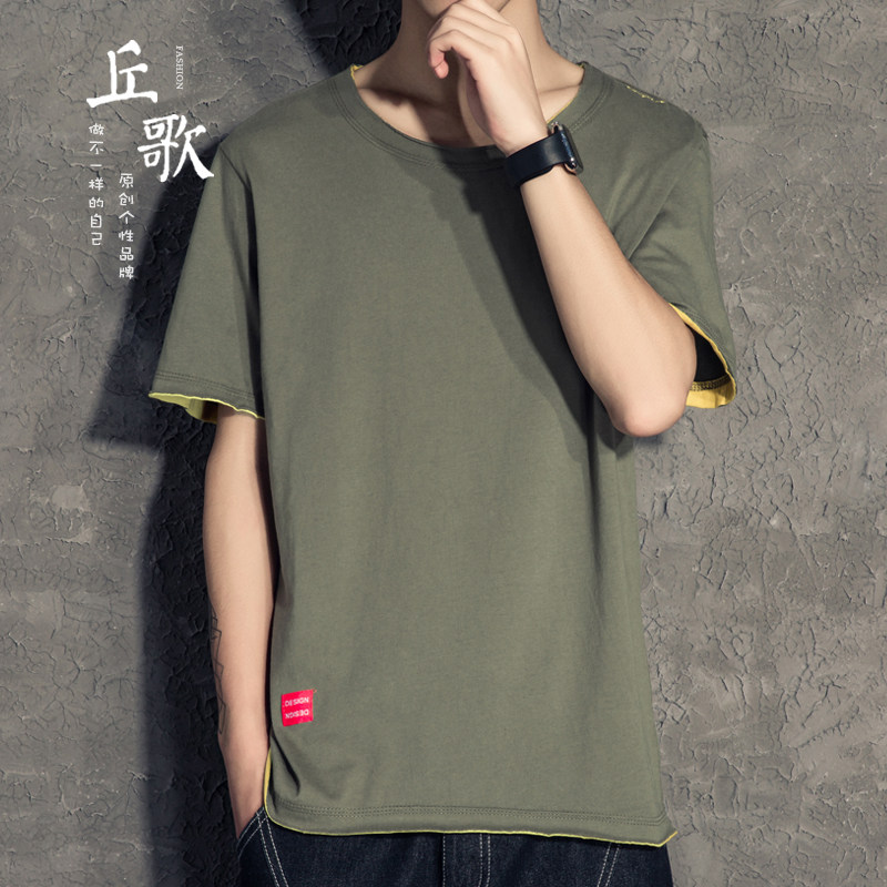 (Special offer)Japanese men's short-sleeved T-shirt men's fake two-piece solid color trend loose round neck half-sleeve men's T-shirt