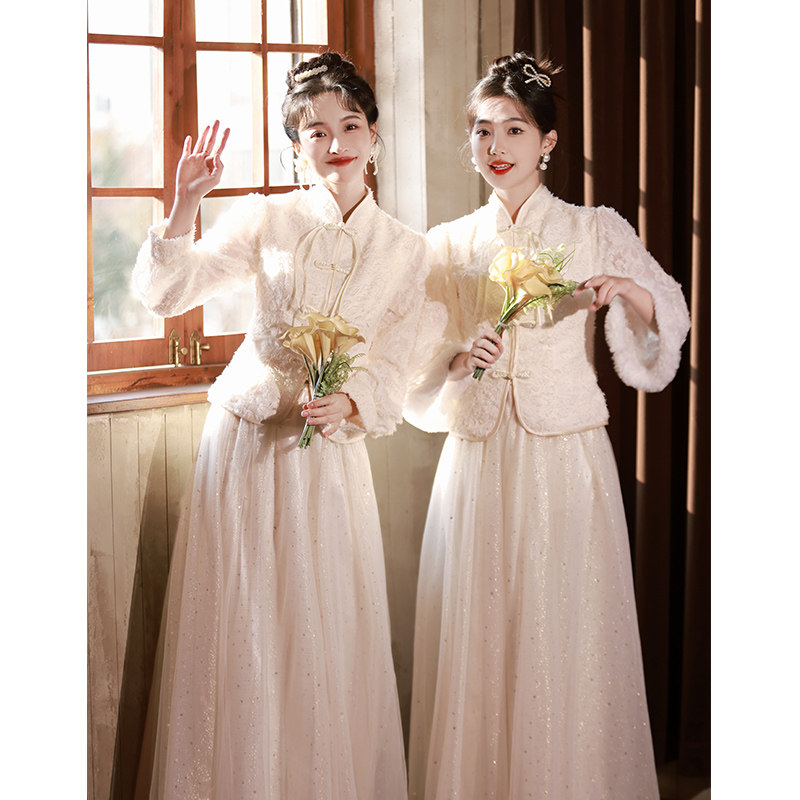 Champagne Chinese bridesmaid service 2023 new autumn and winter small sub-national wind sisters tuxedo dress with long sleeves warm-Taobao