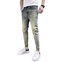 2024 Springtime Fashion Printed Jeans Male Trend Retro Nostalgia Washed Blue High Street Sashimi With Small Leggings Pants