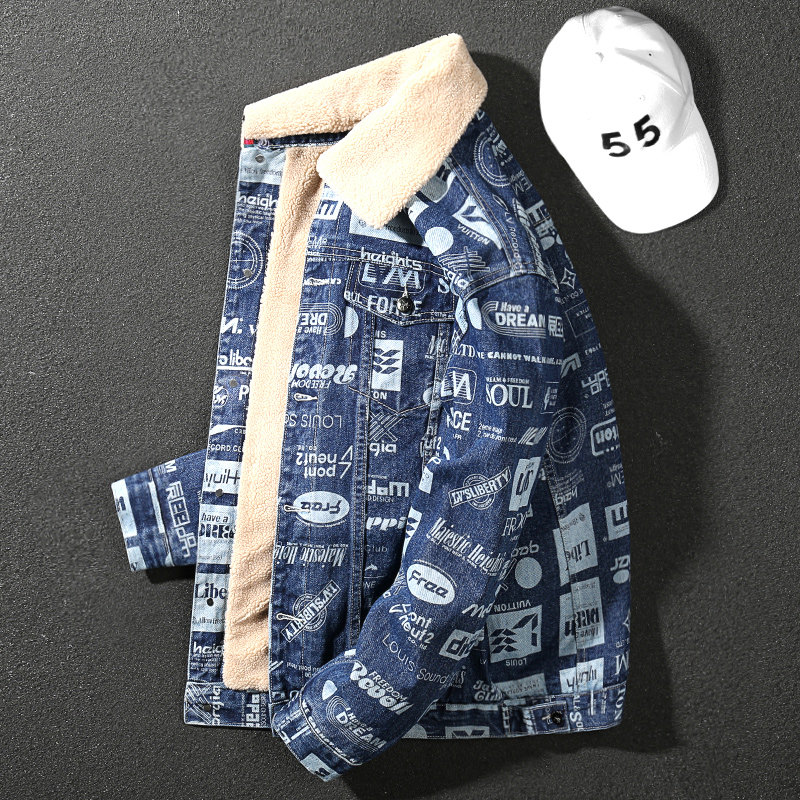 Plus velvet thick handsome autumn and winter new retro loose casual top motorcycle large size jacket denim jacket men