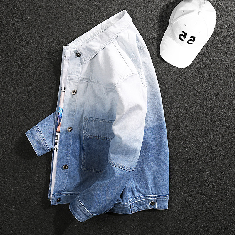 AA handsome gradient color art spring and autumn denim jacket men's tide brand men's jacket Korean version of the trend loose shirt men