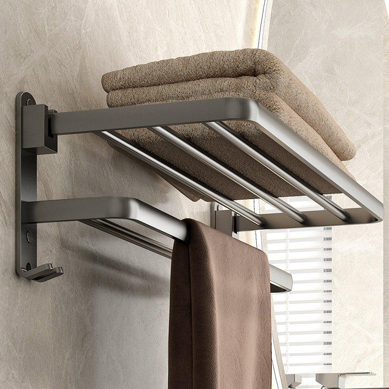 Nordic Gun Grey Free Punching Hair Towel Rack Makeup Room Space Aluminum Bath Towel Rack Bathroom shelve Wall-mounted Suit
