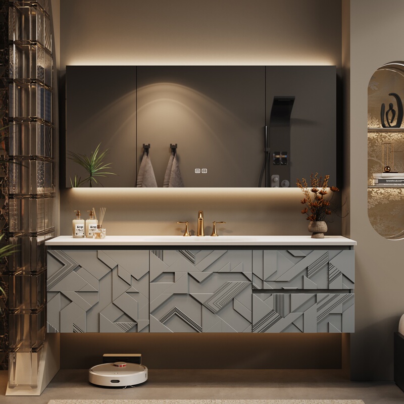 Hand-Carved French Oak Vintage Bathroom Cabinet Set with Integrated Stone Hot-Bent Washbasin Sink Cabinet