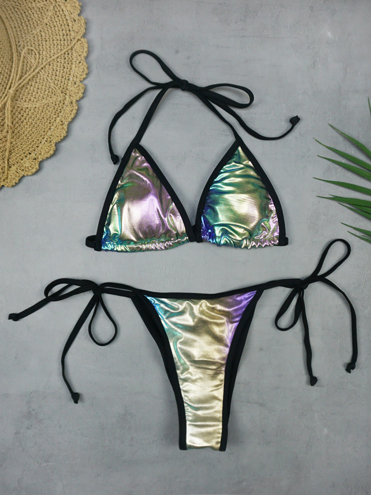 Patent leather sexy three-point thong high split strap bikini swimsuit European beach bikini women's swimsuit