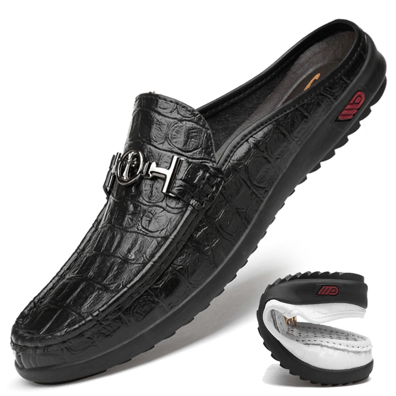 Cowhide Summer Closed-Toe Slippers for Men, Genuine Leather Half-Slippers, Woven Backless Lazy Shoes, Korean Style, Size 37, Soft-Soled Leather Slippers