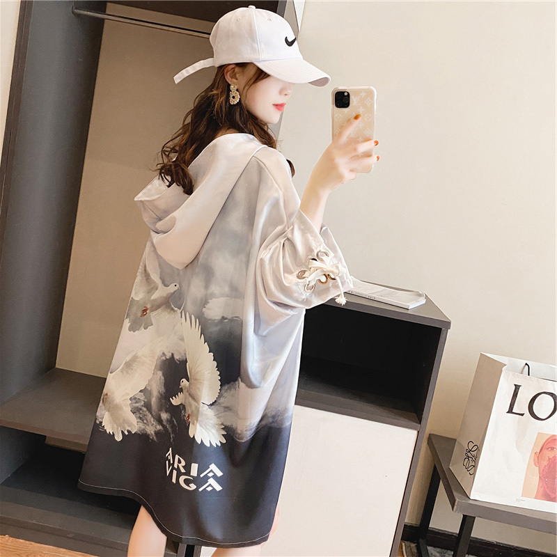 Chic Top Summer Bf Korean Style Belly-Covering Age-Reducing Dress Women's Loose Mid-Length Hooded 3D Seagull T-Shirt Trendy
