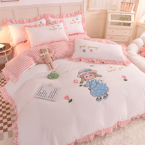 Fairy tale Cinderella cute girl fine check four-piece set pink white lace four-piece set sheet type bed skirt cotton cotton