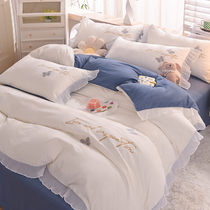 100% skin-friendly cotton cotton sheets bed skirt style four-piece set high texture embroidered butterfly lace princess style girl