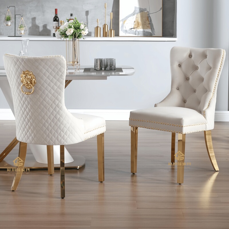 Nordic Light Luxury Velvet Dining Chair, Modern Minimalist Stainless Steel Leisure Leather Living Room Pull-Ring Chair, Hotel Negotiation Chair