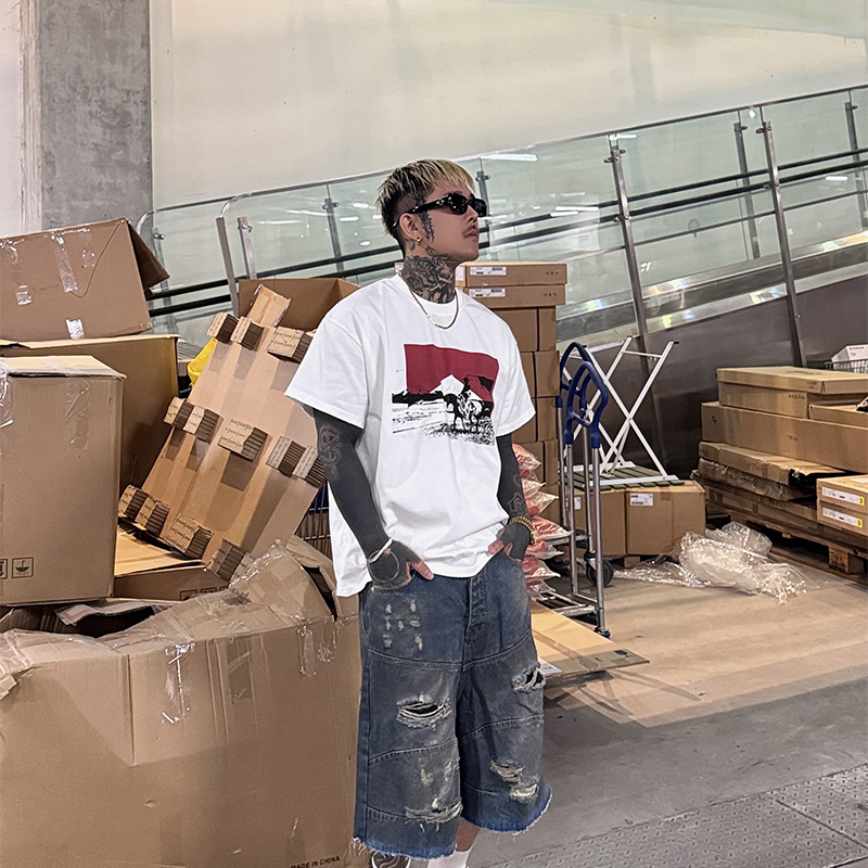 White Crane Adult 380g Heavyweight Pure Cotton Western Cowboy Print Short Sleeve T-Shirt Unisex Small Neckline Loose Base Shirt