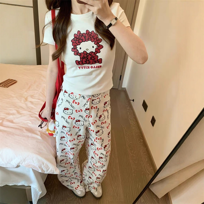 All-Over Hello Kitty Print White Wide-Leg Pants for Women, Summer Loose Slimming Straight Pants, Casual Versatile Floor-Length Pants