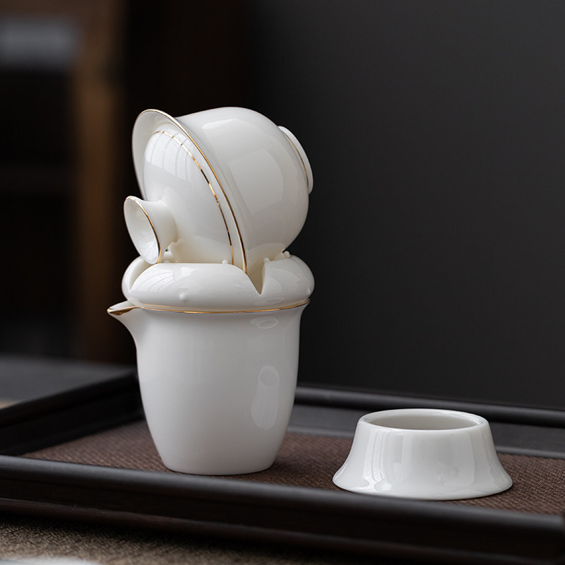 Goat Fat Jade Hovering Cover Bowl Three-only tea cup sketching white porcelain suspended tea set without scalding hands lightly luxurious upscale gift box-Taobao