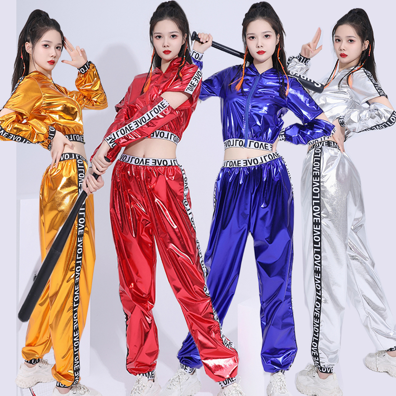 Millennial Sports Style Glossy Dance Performance Outfit for Women, Hip-Hop Jazz Dance Letter Print Set, Loose Stage Outfit