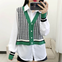 2021 Spring autumn season new Han version Loose Lattice Fake two spliced long sleeves knit in the bottom shirt woman