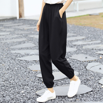 2021 summer new ice silk cotton silk wide-leg pants ultra-thin womens pants drawstring nine-point pants loose and versatile straight pants