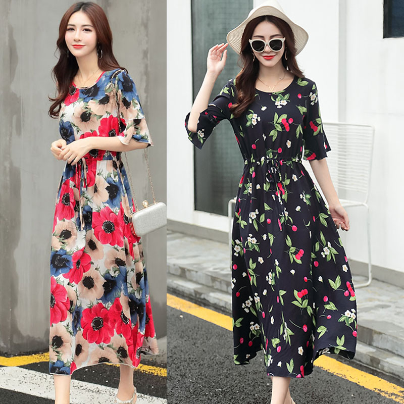 Cotton dress long skirt Bali seaside resort beach skirt large hem temperament waist dress tie print