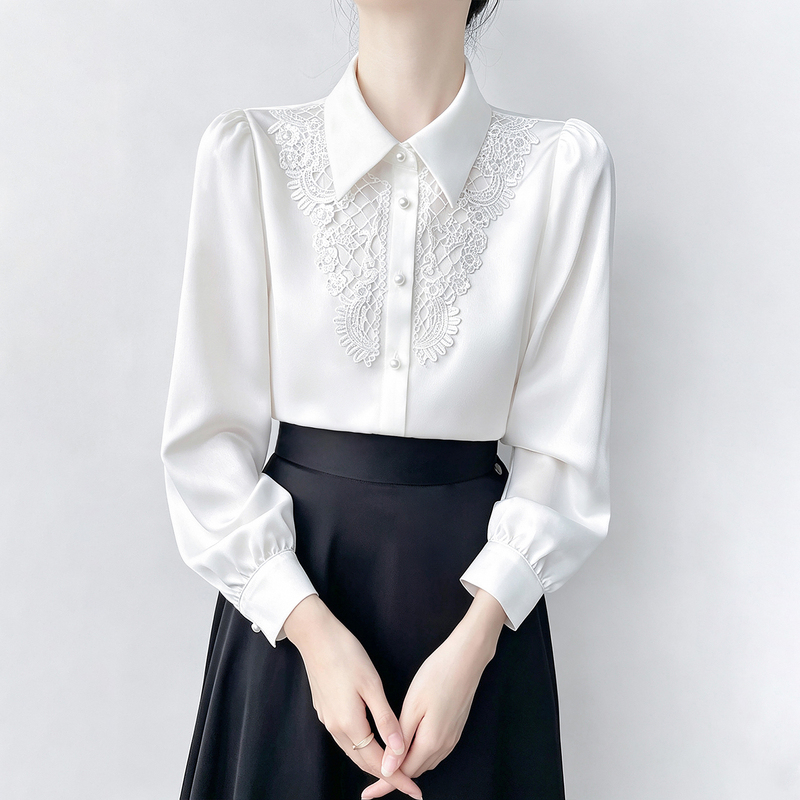 Han Bo Ya White Hollow Lace Embroidered Lapel Shirt for Women, Long-Sleeved Professional Work Shirt, Satin Drape Top Han Bo Ya White Hollow Lace Embroidered Lapel Shirt for Women, Long-Sleeved Professional Work Shirt, Satin Drape Top