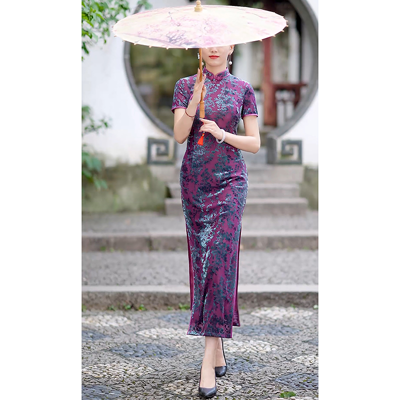 Purple cheongsam, lightweight elite fitted long retro summer rostometer Purple cheongsam, lightweight elite fitted long retro summer rostometer