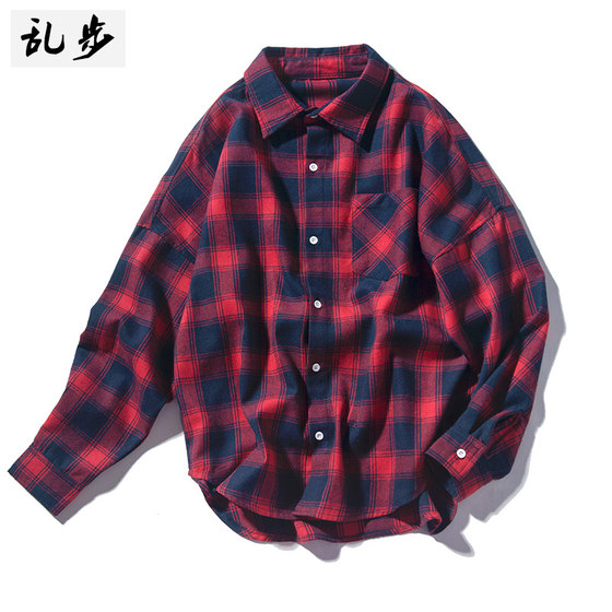 Black and white plaid shirt men's Korean style trendy casual teen couple shirts handsome and versatile brushed jacket