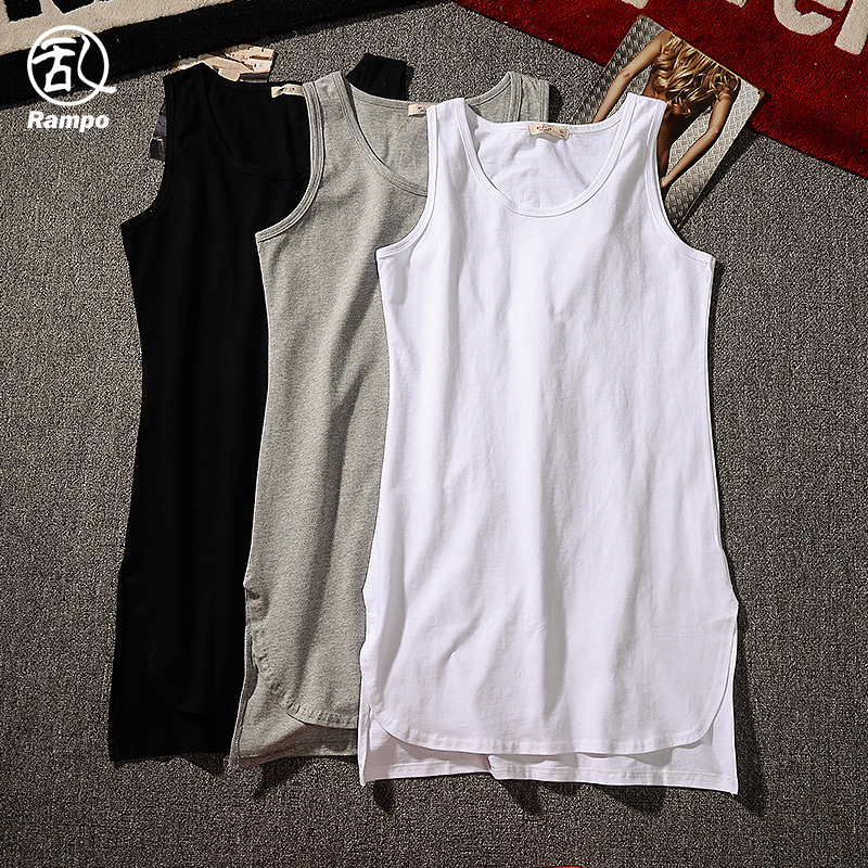 European and American High Street Fashion Men's Oversized Loose Solid Color Slit Hem Mid-Length Pure Cotton Tank Top Sleeveless Undershirt