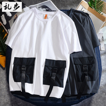 Short-sleeved T-shirt mens summer random step fashion brand loose fashion clothes cotton personality handsome pocket body shirt tide