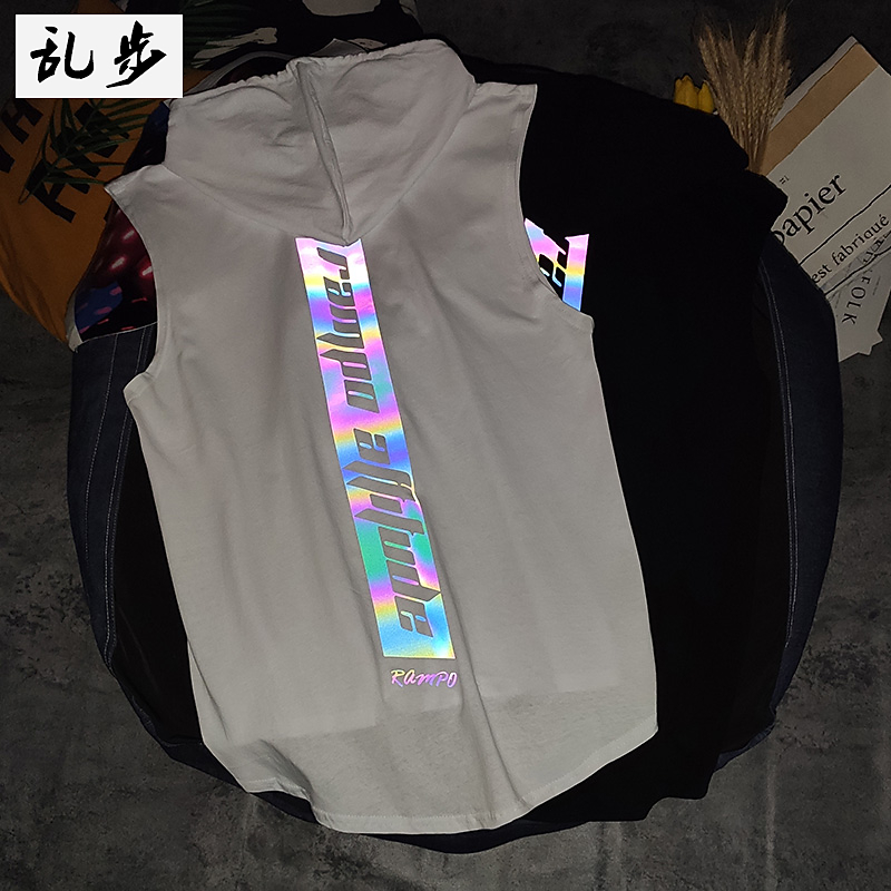 Cotton sleeveless T-shirt vest men's loose waistcoat tide brand laser reflective boys hooded large size T-shirt tide summer