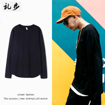 ulzzang Korea high street arc hem solid color base shirt extended round collar men men cotton T-shirt long sleeve