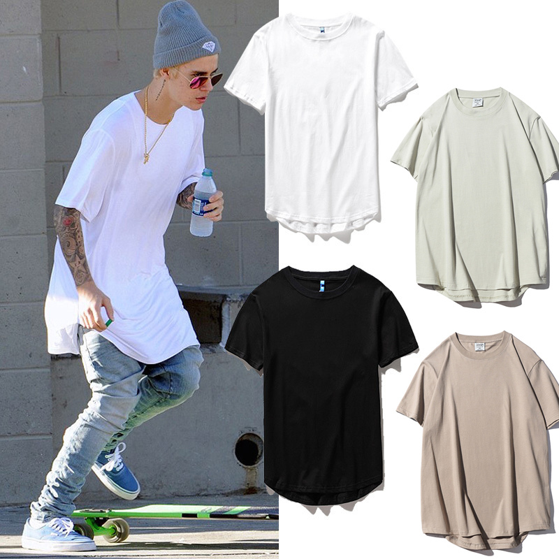 Kanye and Justin Bieber's Same Style Solid Color Base Shirt with Curved Hem Short-Sleeve T-Shirt for Men, Extended Length Top, Mid-Length