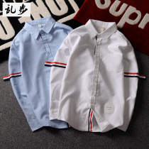 Autumn Korean version of mens TB long sleeve shirt red white and blue striped shirt Youth student couple white shirt thin