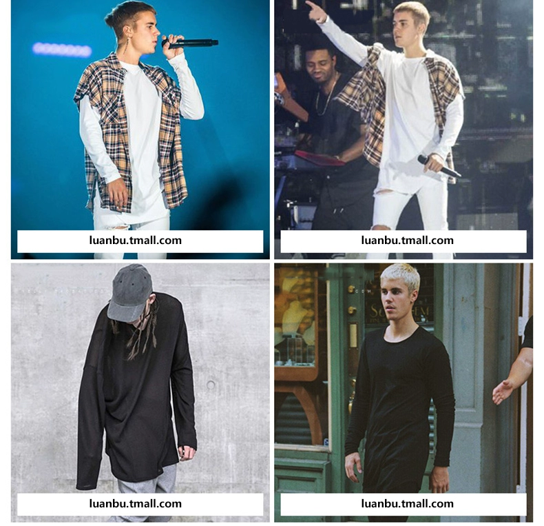 Châu âu và Hoa Kỳ Bieber với trên cơ thể thường dài tay T-Shirt ngắn ngắn dài màu rắn áo đáy áo triều quá khổ áo phông rộng nam