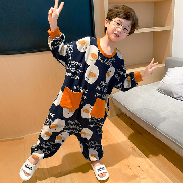 Children's one-piece pajamas long-sleeved cotton boy spring and autumn baby mother and daughter anti-kick little boy birth big children home clothes