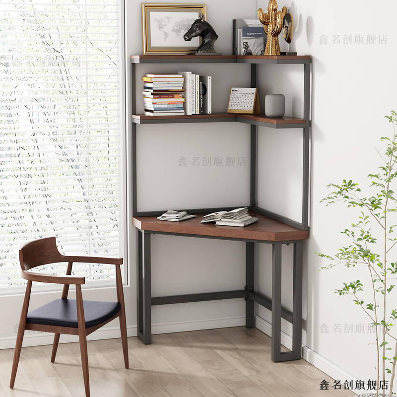 Solid Wood Corner Desk and Bookshelf Combination, Integrated Corner Triangular Desktop Storage Cabinet, Storage Rack, Bedroom Dressing Table