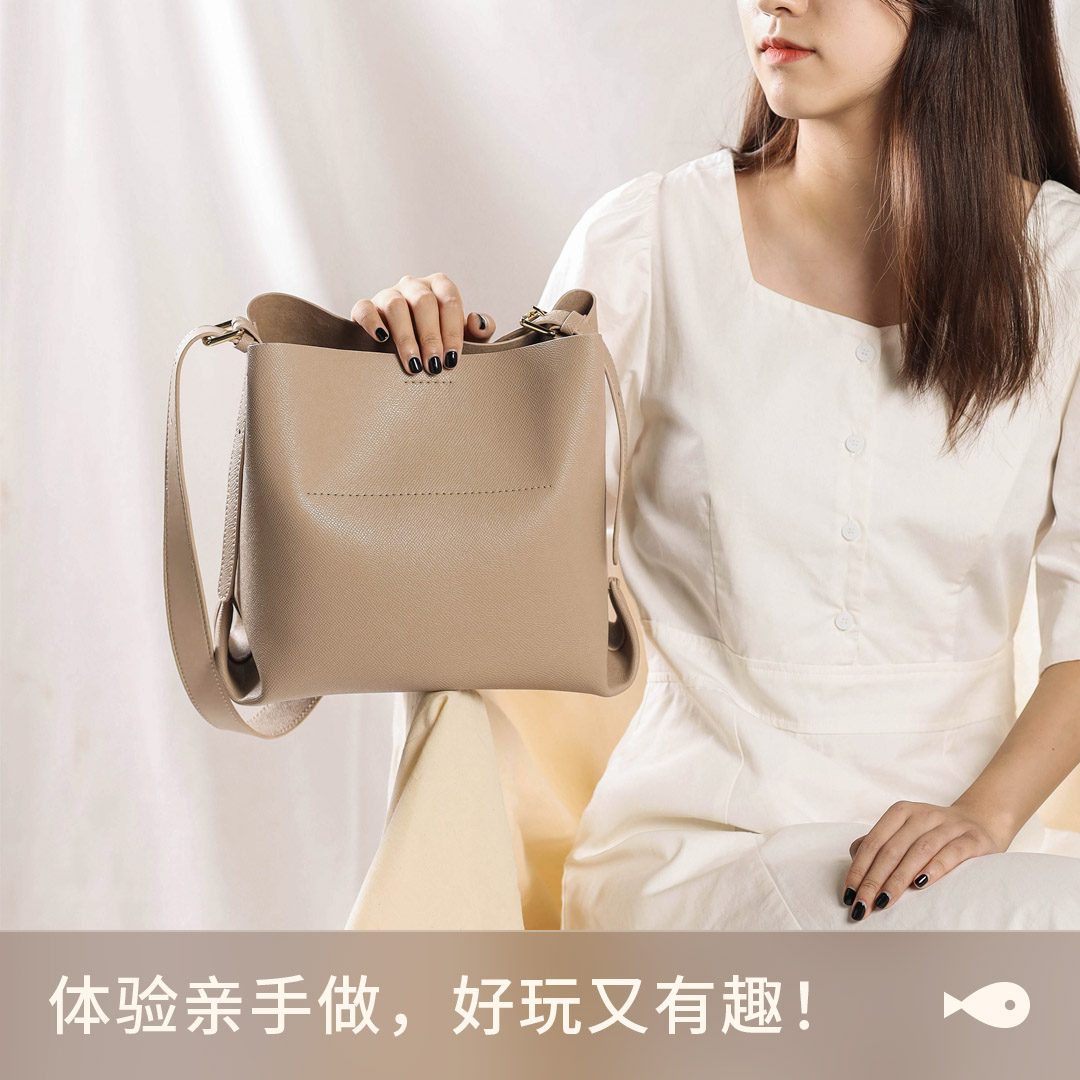 蠢小鱼DIY手工编织包 真牛皮水桶托特单肩包 大容量日韩风格女包 手提斜挎撞色编织包包 - Thumbnail 4