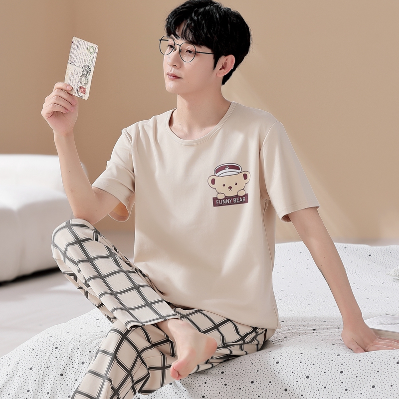 Teenage Men's Pajamas, Short-Sleeved Pants, Summer Thin Pure Cotton Home Clothes, Summer Large Size Boys' Cotton Suit Teenage Men's Pajamas, Short-Sleeved Pants, Summer Thin Pure Cotton Home Clothes, Summer Large Size Boys' Cotton Suit