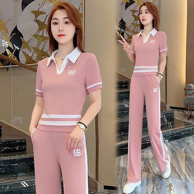 Cotton Casual Fashion Sportswear Suit for Women 2026 Summer New Style Stylish Age-Reducing Short-Sleeved Wide-Leg Pants Two-Piece Set