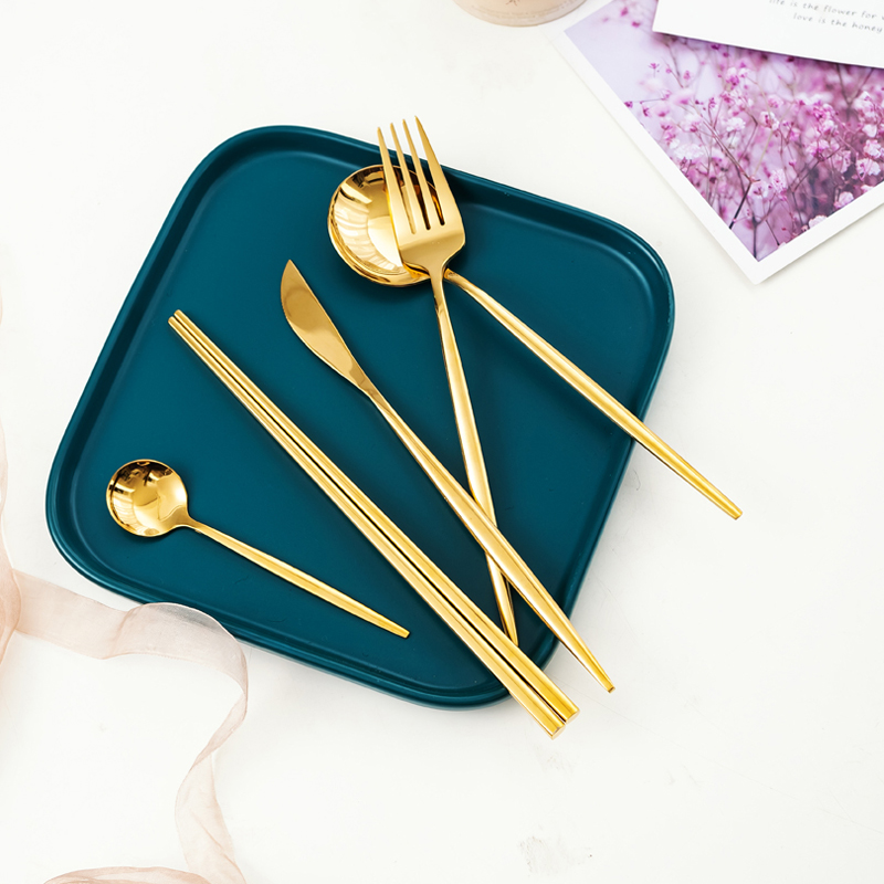 High-end European stainless steel household knife and fork chopstick set Western dishes three pieces of coffee spoon gold net red