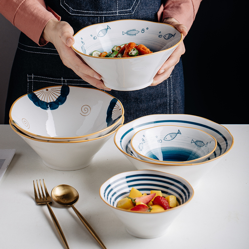 Japanese-style creative large ceramic household hat horn bowl Single rice bowl Instant noodles soup bowl Fruit salad bowl tableware