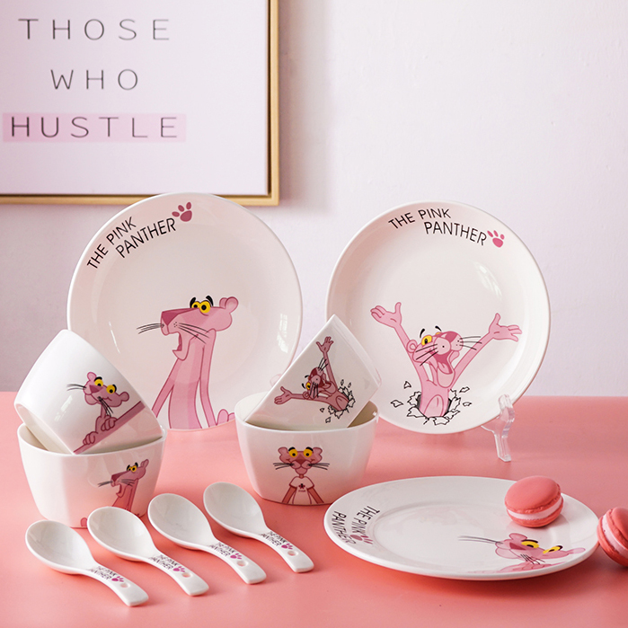 ins Pink Panther Nordic Ceramic Tableware Plate Bowl Set Plate Dessert Plate Creative Girl Heart Pink Series